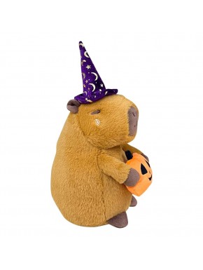 Pelúcia capivara Halloween com chapéu de bruxa e abóbora