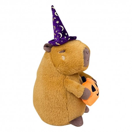 Pelúcia capivara Halloween com chapéu de bruxa e abóbora