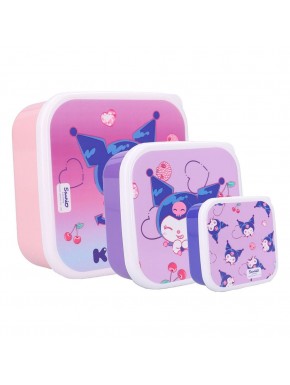 Set de 3 boîtes à lunch Kuromi de Sanrio, colorées et empilables.