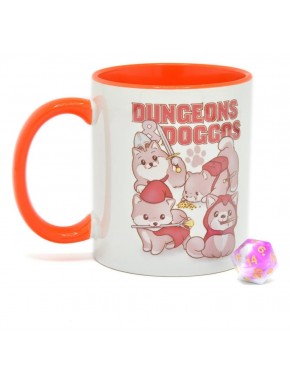 Taza Dungeons & Doggos con dado D20 de Glassstaff