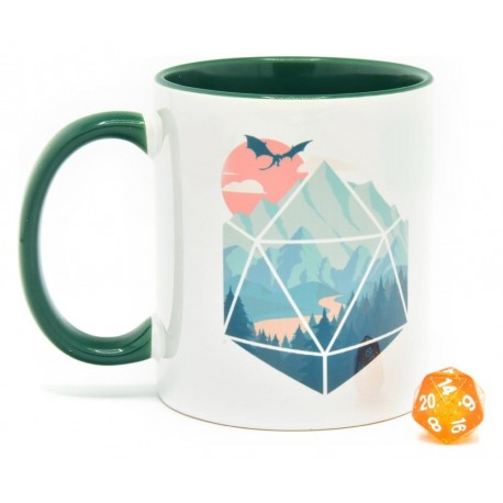 Taza Glassstaff DnD con dado D20 y diseño de paisaje