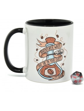 Taza Glassstaff DnD con dado y diseño de poción
