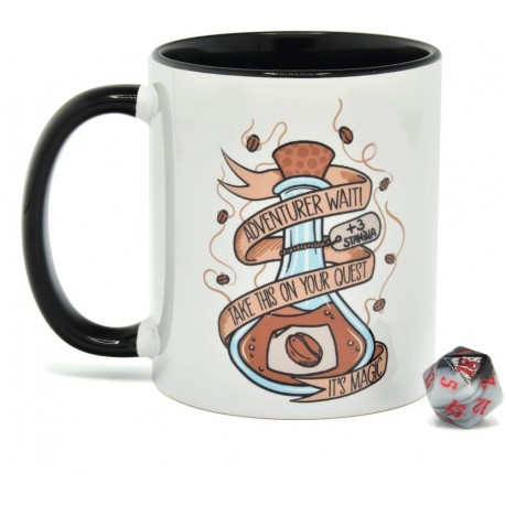 Taza Glassstaff DnD con dado y diseño de poción