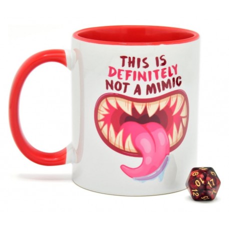 Taza Glassstaff DnD con diseño Not a Mimic y dado D20