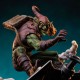 Estátua do Green Goblin da Marvel sobre planador com efeitos de fumaça