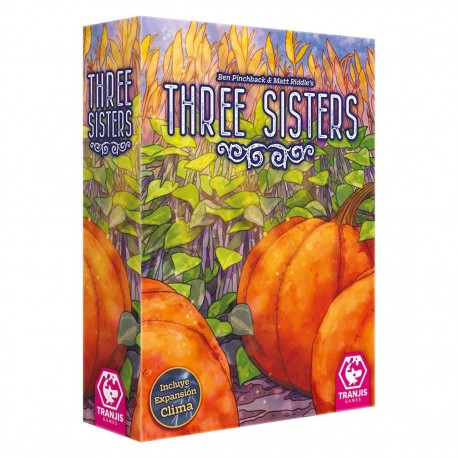 Caja del juego de mesa Three Sisters con calabazas e ilustraciones coloridas