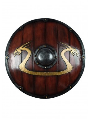 Escudo redondo viking dragão em madeira com detalhes dourados