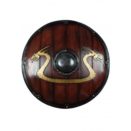 Escudo redondo viking dragão em madeira com detalhes dourados
