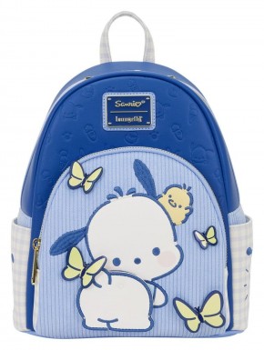 Mochila azul Pochacco Sanrio con diseño de mariposas