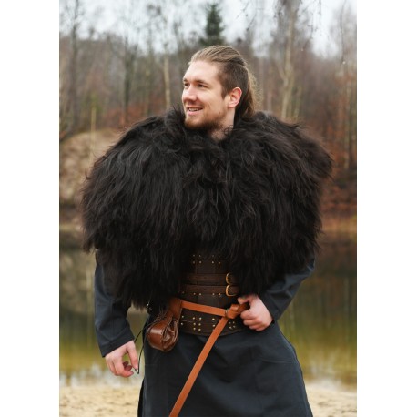 Capa de ombro de pele preta estilo viking