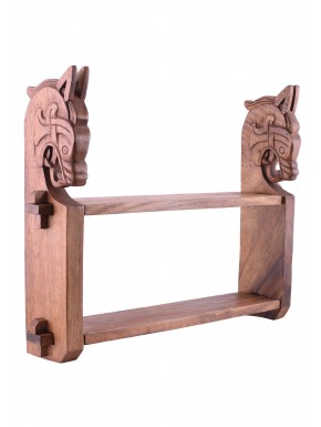 Estantería de madera con cabezas de dragón vikingo