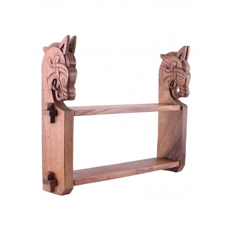 Estantería de madera con cabezas de dragón vikingo