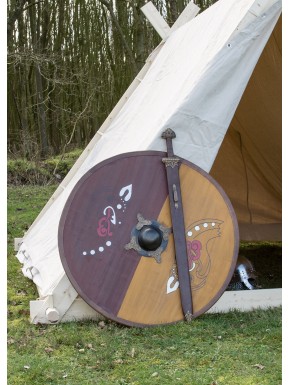 Escudo vikingo redondo con motivo de caballo nórdico