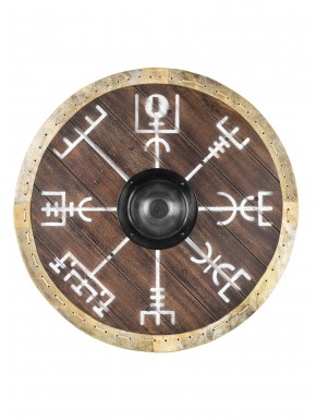 Escudo vikingo con símbolo Vegvísir y borde de cuero