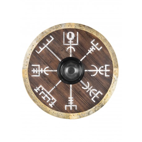 Escudo vikingo con símbolo Vegvísir y borde de cuero