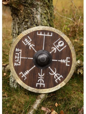 Bouclier viking avec symbole Vegvísir et bordure en cuir