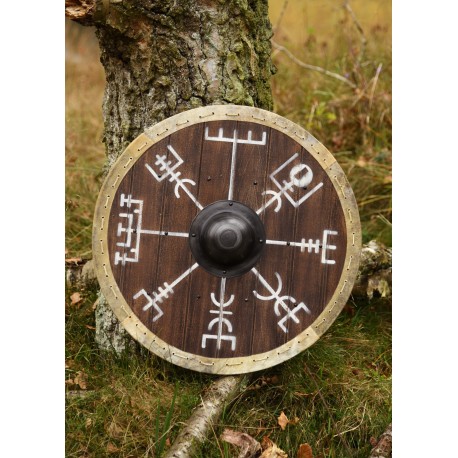 Bouclier viking avec symbole Vegvísir et bordure en cuir