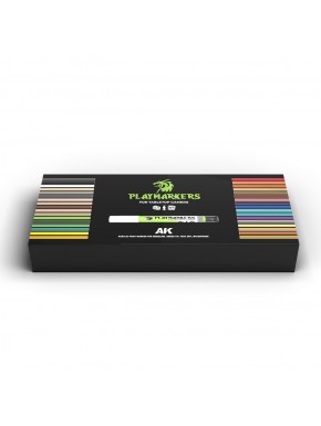 Coffret de marqueurs acryliques Playmarkers 34 couleurs boite ouverte.