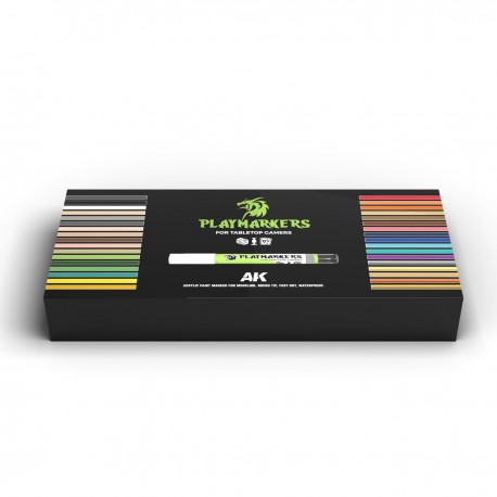 Coffret de marqueurs acryliques Playmarkers 34 couleurs boite ouverte.