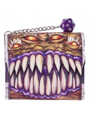 Monedero Mimic de Dungeons & Dragons con cadena y dado