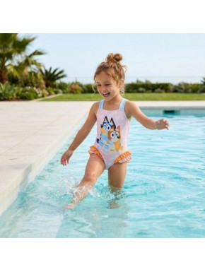 Maillot de bain enfant Bluey rose avec imprimé et volants