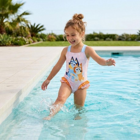 Maillot de bain enfant Bluey rose avec imprimé et volants