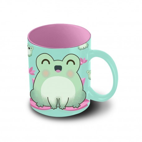Mug en céramique Oh My Pop Froggy turquoise avec intérieur rose