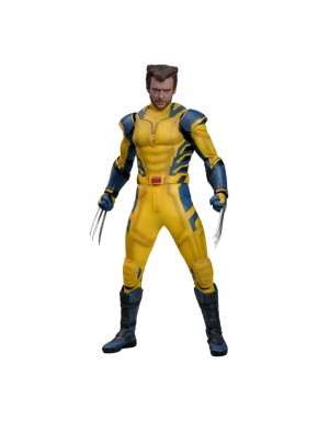 Figurine Deluxe Wolverine 1/6 en costume jaune et bleu avec accessoires.