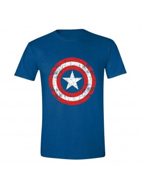 Camiseta azul con escudo dañado de Capitán América