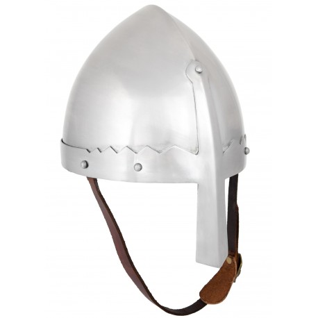 Casco normando de acero con bisel y correa de cuero