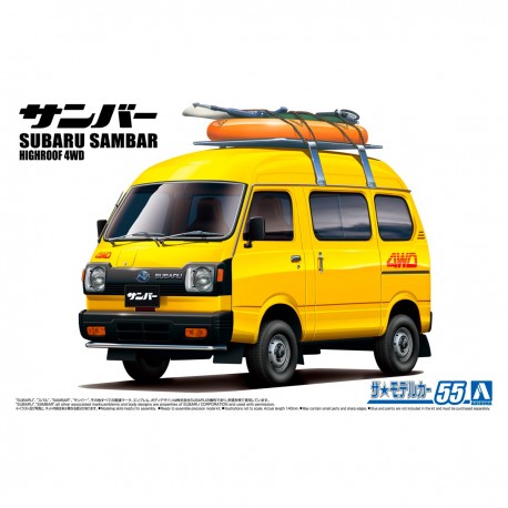 Modelo em escala Subaru Sambar High Roof 4WD 1980 amarelo