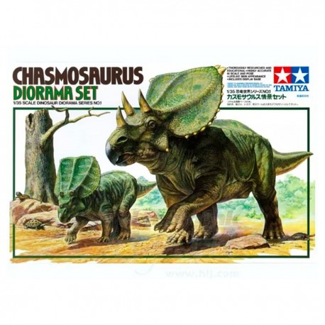 Conjunto diorama Chasmosaurus pintado e montado