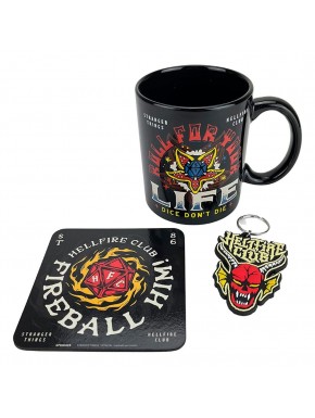Conjunto Stranger Things Hellfire caneca, porta-copos e chaveiro