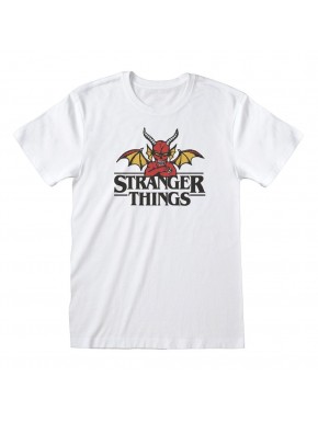Camiseta branca Stranger Things com design de demônio