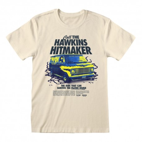 Camiseta beige Stranger Things con furgoneta y texto Hawkins Hitmaker