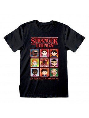Camiseta negra Stranger Things con diseño pixelado