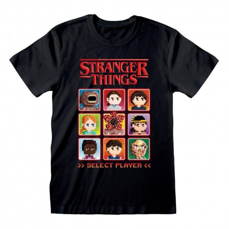 Camiseta preta Stranger Things com design pixelado