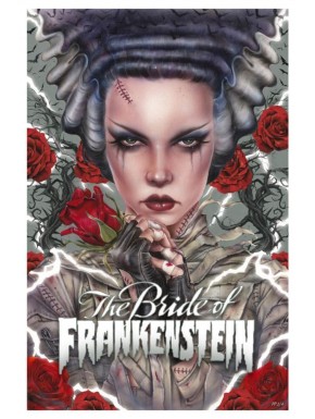 Lithographie La Fiancée de Frankenstein avec roses rouges et fond électrique