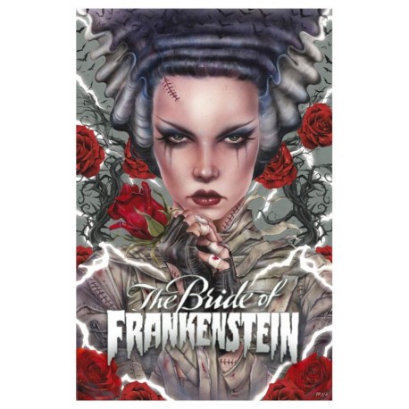 Lithographie La Fiancée de Frankenstein avec roses rouges et fond électrique