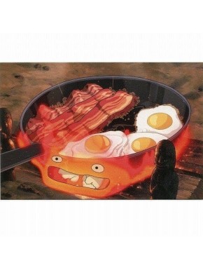 Carte postale Calcifer cuisinant bacon et œufs du Château ambulant