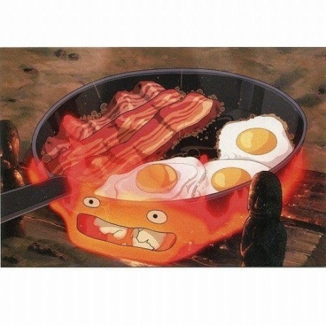 Carte postale Calcifer cuisinant bacon et œufs du Château ambulant