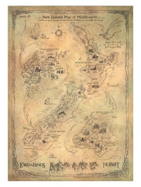 Lithographie carte de Nouvelle-Zélande Le Hobbit