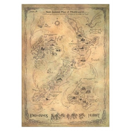 Lithographie carte de Nouvelle-Zélande Le Hobbit