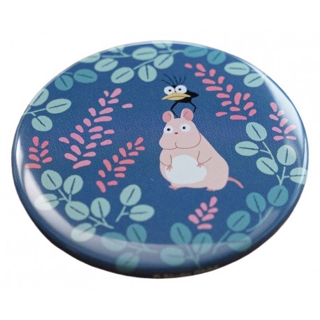 Badge Le Voyage de Chihiro Souris & Oiseau sur fond bleu
