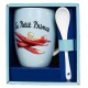 Taza azul con El Principito en avión y cuchara a juego
