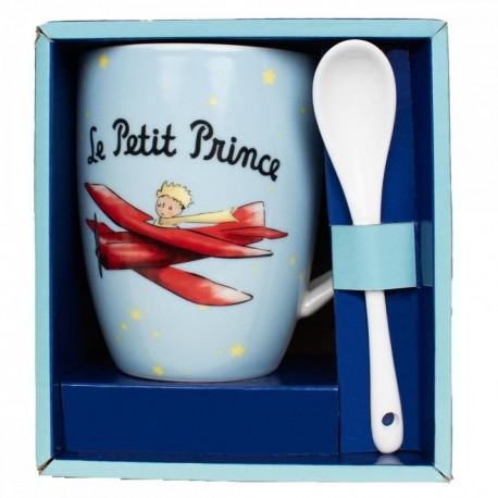 Taza azul con El Principito en avión y cuchara a juego