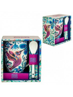 Caneca Enesco com design de colibri e colher a condizer