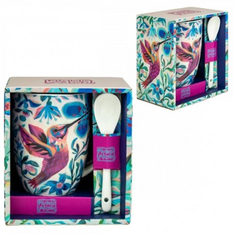 Taza Enesco con diseño de colibrí y cuchara a juego