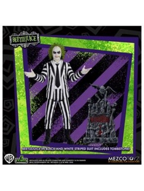 Figura de Beetlejuice com traje listrado e lápide.