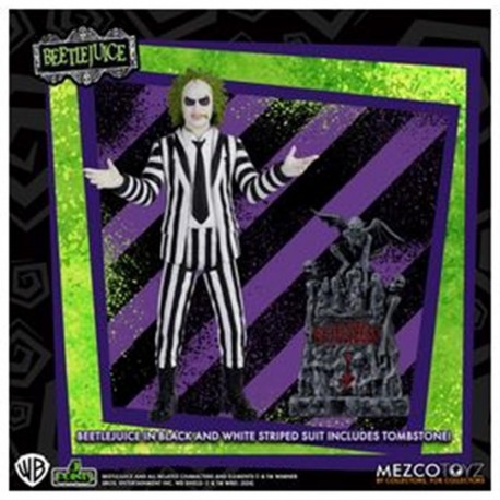 Figura de Beetlejuice com traje listrado e lápide.